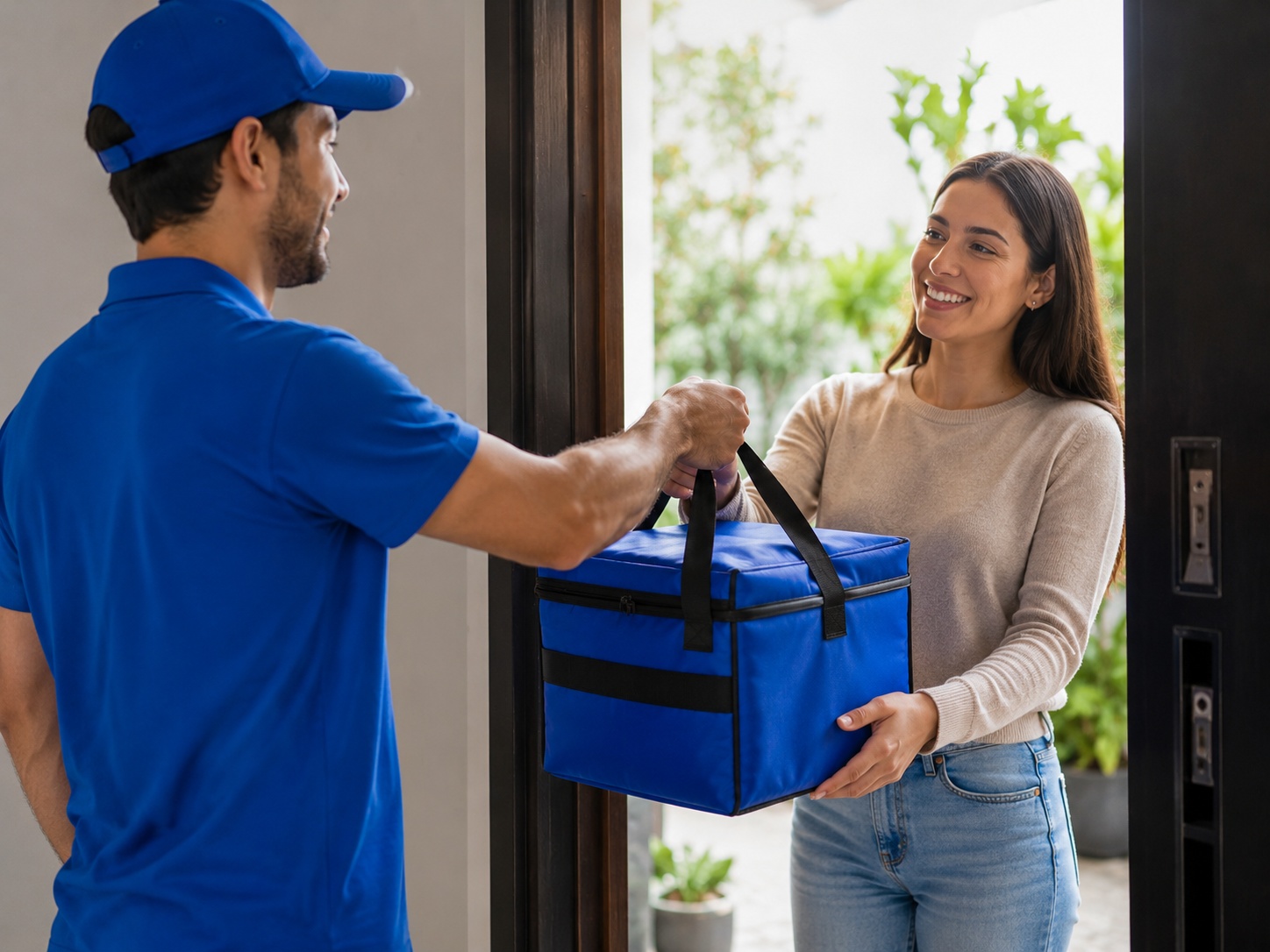 Courier handing a delivery bag to a customer