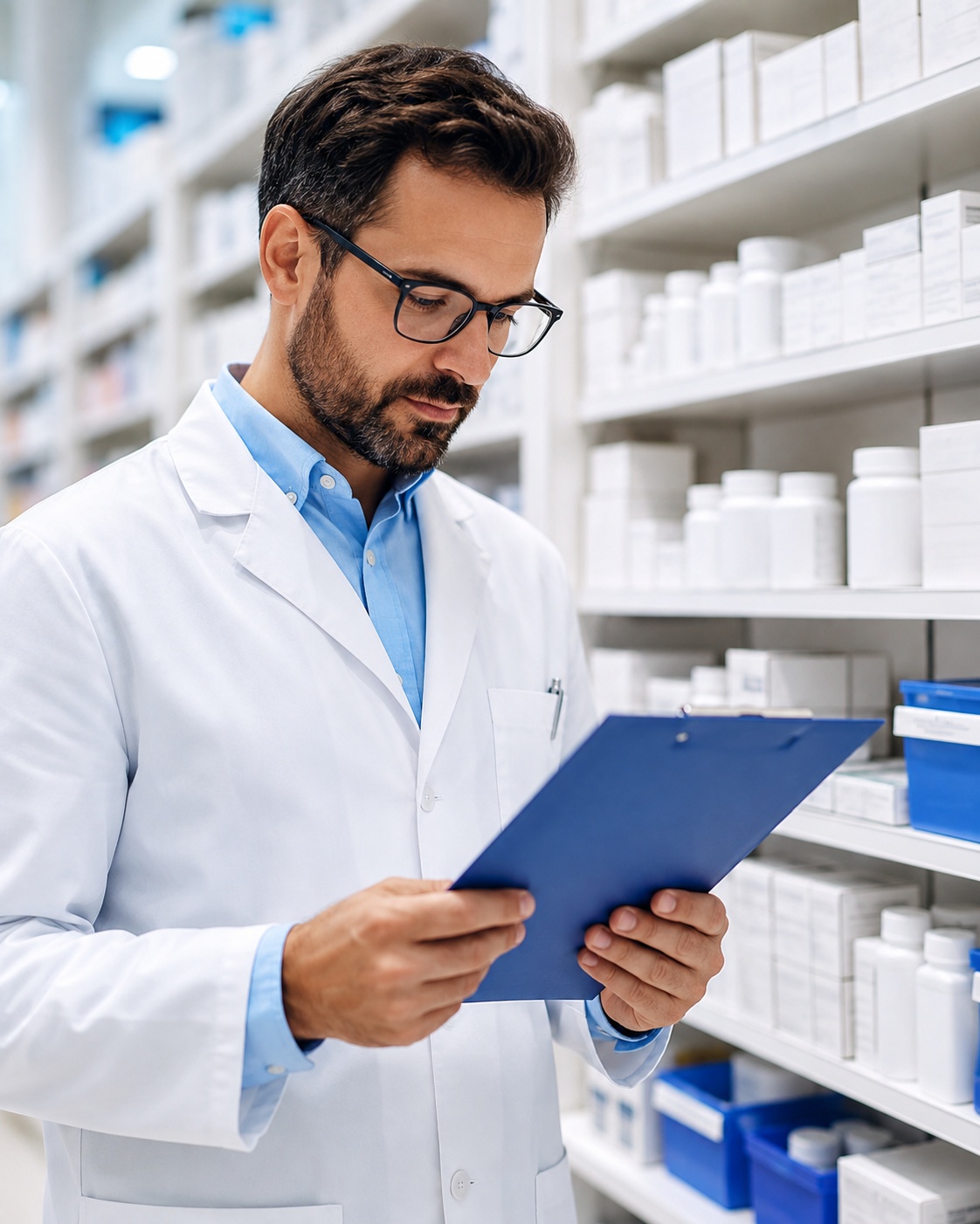 Pharmacy staff member reviewing product availability